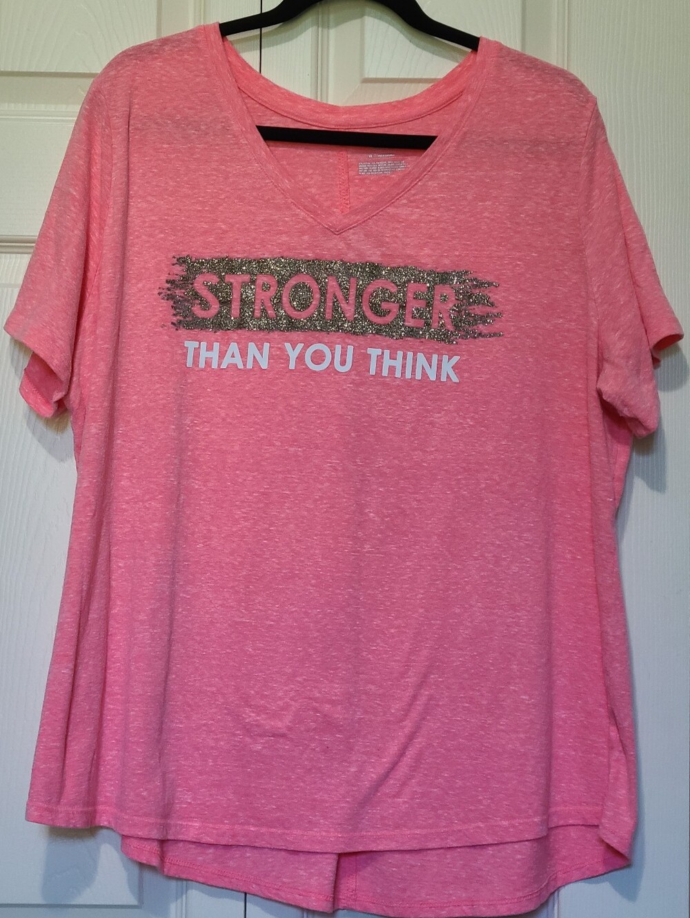 Tek Gear Heathered Pink V-Neck S/S Tee Gold Glitter 'Stronger' Graphic Size 1X